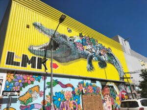Big crocodile on a wall.